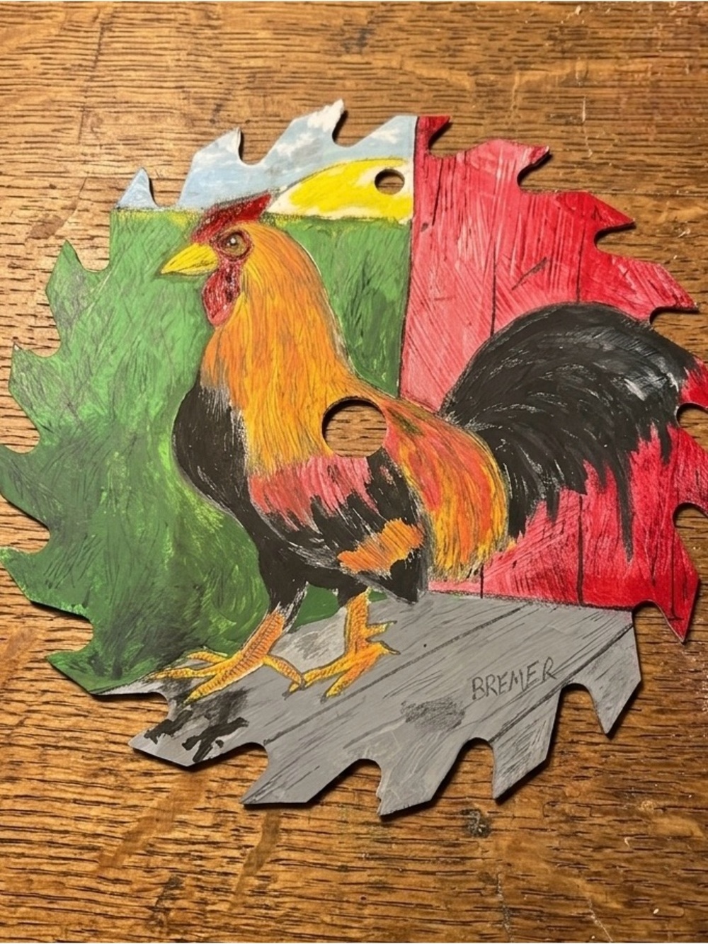 Vintage Hand Painted Rooster Saw Blade Art Signed Brymer Rustic Folk Art